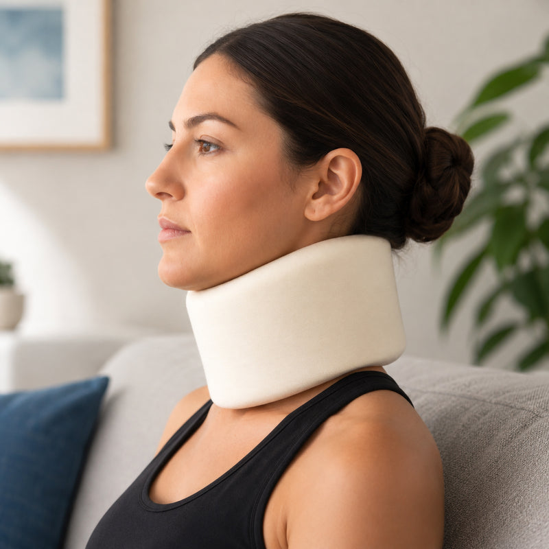 Side profile lifestyle view of a woman wearing the AeroSupplies Foam Cervical Collar Small, showing the soft cream foam collar supporting the chin and surrounding the neck in a comfortable home environment.