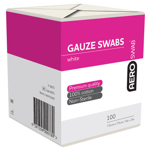 Aeroswab Non-Sterile White Gauze Swab 7.5 x 7.5cm Pack of 100 8ply