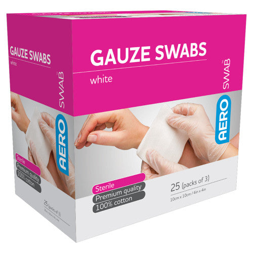 Aeroswab Sterile White Gauze Swab 10 x 10cm Packs of 3 Box of 25