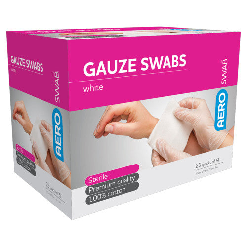 Aeroswab Sterile White Gauze Swab 7.5 x 7.5cm Packs of 5 Box of 25