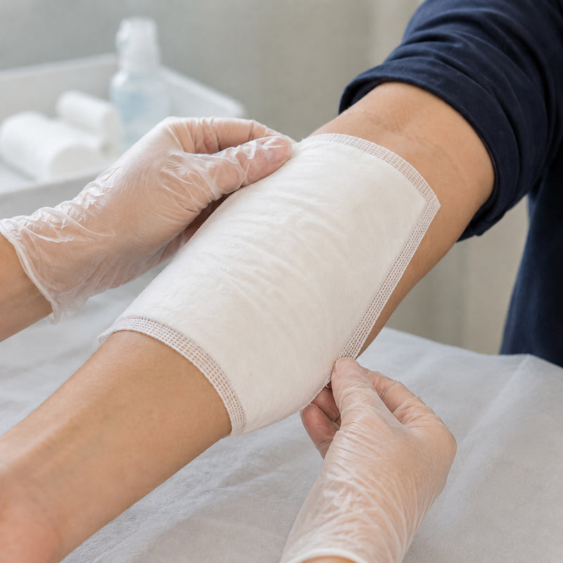 Healthcare professional wearing disposable gloves positioning a large white AeroWound Combine Dressing around a persons arm. The image demonstrates the generous 20 x 20cm coverage and flexible padded construction as the dressing conforms around the limb, illustrating its suitability for larger wound areas requiring absorbency, cushioning and secure fixation.