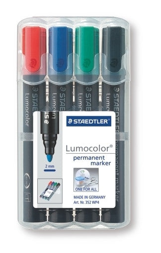 Staedtler Lumocolor 352 WP4 permanent bullet tip marker wallet of 4 showing black, blue, red and green pens in compact wallet
