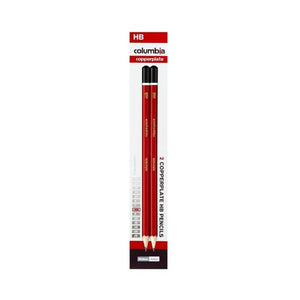Older Columbia Copperplate blister holding 2 HB pencils, printed 2 Copperplate HB Pencils with HB marked on a grade scale, Pelikan and Artline logos at the base