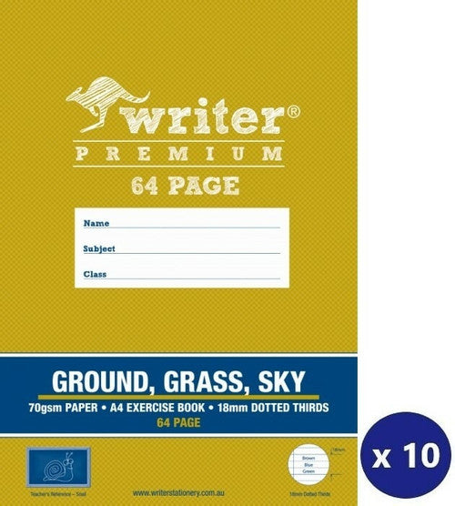 Writer Premium Ground Grass Sky Exercise Book A4 64 Page 18mm Dotted Thirds Snail Cover Pack 10 — front cover