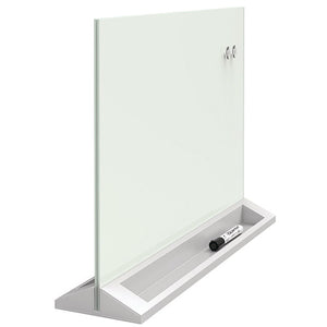 Quartet desktop glass panel standing upright in a silver base, the white glass sheet rising from a trough that holds a black Quartet marker, with 2 round magnets near the top right corner