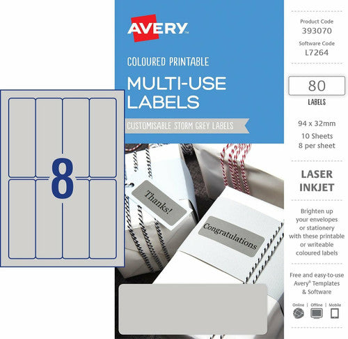 Avery Multi-Use Storm Grey Coloured Labels 94 x 32mm Laser Inkjet Permanent 80 Labels 10 Sheets