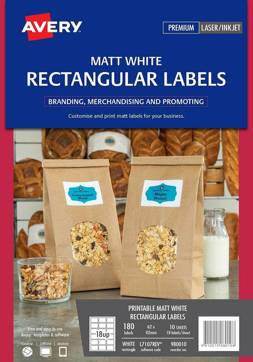 Avery White Rectangular Removable Product Labels L7107REV 180 Pack 62 x 42mm 18UP