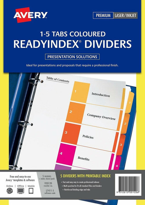 Avery Multi-Coloured ReadyIndex Dividers 1-5 Index