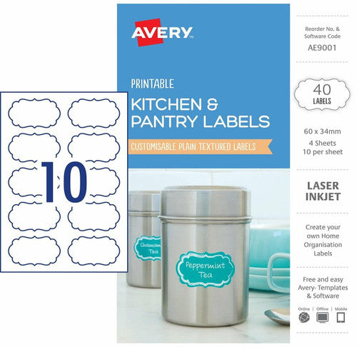 Avery Textured White Kitchen and Pantry Labels AE9001 60 x 34mm 40 Pack 10UP