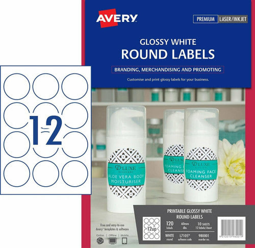 Avery Glossy White Round Labels L7105 120 Pack 60mm Diameter 12UP
