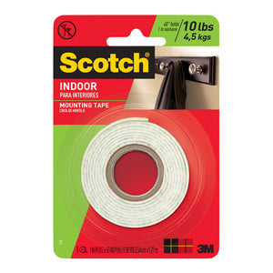 Scotch indoor mounting tape roll in a red and green card pack showing a white foam roll and a weight rating printed on the top corner