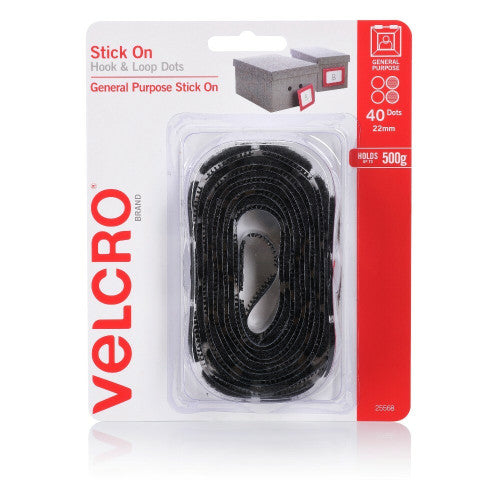 Velcro Brand Stick On Hook and Loop Dots 22mm Black Pack of 40