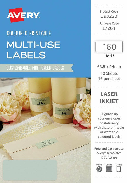 Avery Multi-Use Mint Green Coloured Labels 63.5 x 24mm Laser Inkjet Permanent 160 Labels 10 Sheets
