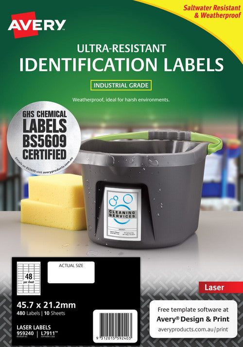Avery Ultra-Resistant Chemical Grade Labels 45.7 x 21.2mm Laser Extra Strong Permanent 480 Labels 10 Sheets 48UP