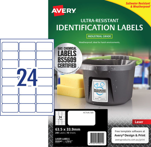Avery Ultra-Resistant Chemical Grade Labels 63.5 x 33.9mm Laser Extra Strong Permanent 240 Labels 10 Sheets 24UP