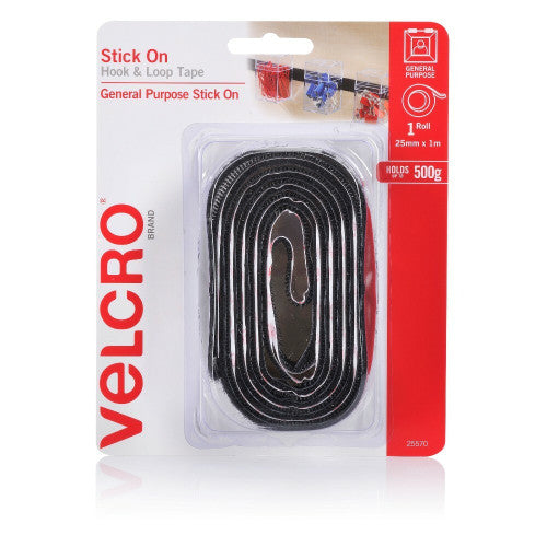 Velcro Brand Stick On Hook and Loop Tape 25mm x 1m Black Roll