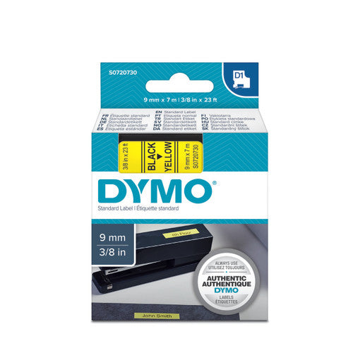 Dymo D1 label tape 9mm x 7m black on yellow high visibility safety labelling for LabelManager