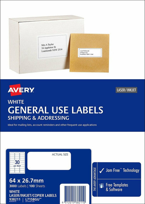 Avery White General Use Labels L7158GU 3000 Labels 30UP