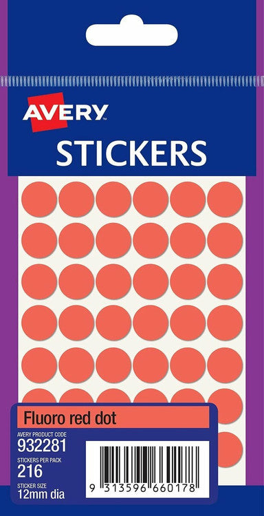 Avery Fluoro Red Multi-Purpose Stickers Circle 12mm 216 Pack