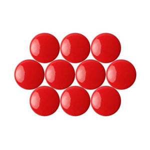 10 glossy red round Quartet magnetic buttons arranged in rows and seen from above, for QTTMB3100. It is not drawn to scale.