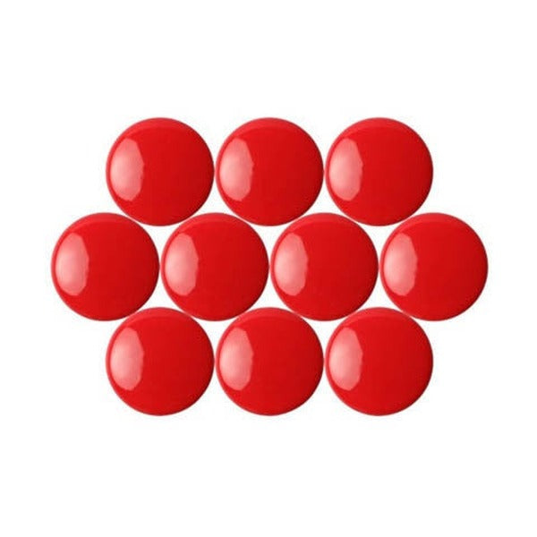 10 glossy red round Quartet magnetic buttons arranged in rows and seen from above, for QTTMB3100. It is not drawn to scale.