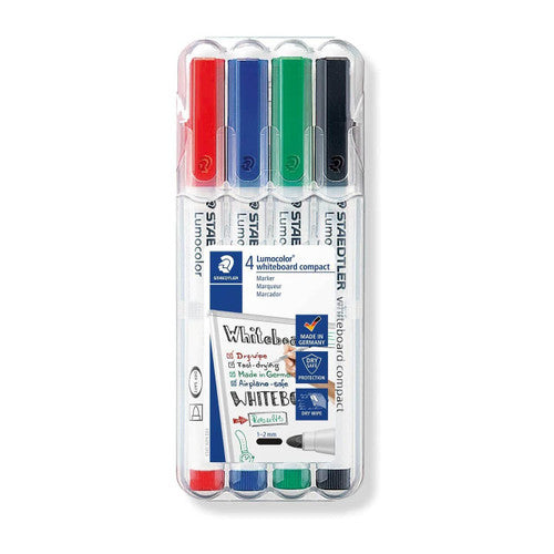 Staedtler Lumocolor Compact 341 WP4 whiteboard marker wallet of 4 assorted showing portable compact flat wallet format for professional use