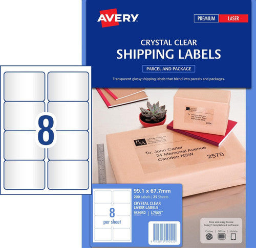 Avery Crystal Clear Shipping Labels L7565 200 Pack 99.1 x 67.7mm 8UP