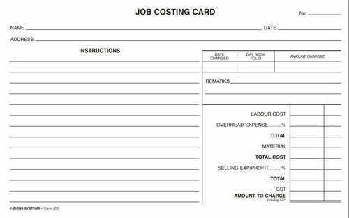 Zions Stock Control Job Costing Card