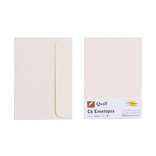 Quill 80gsm C6 envelope in Cream seen from the back with its flap, beside a pack labelled Quill C6 Envelopes, colour Cream, pack 25