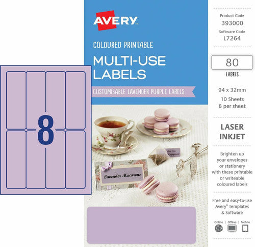 Avery Multi-Use Lavender Purple Coloured Labels 94 x 32mm Laser Inkjet Permanent 80 Labels 10 Sheets