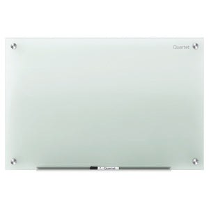 Frosted Quartet Infinity glass board seen straight on in landscape, pale green tinted glass on round metal standoffs at the corners, a small Quartet logo top right and a marker tray with a black pen underneath