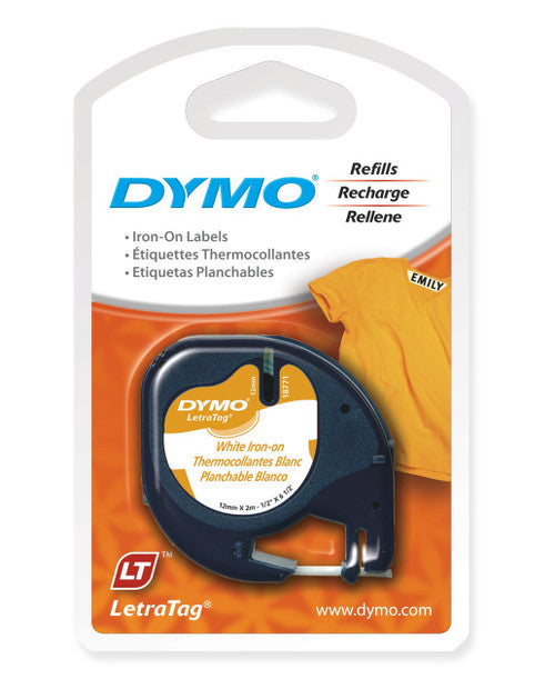 Dymo LetraTag Label Tape 12mm x 4m Black on White Iron-On