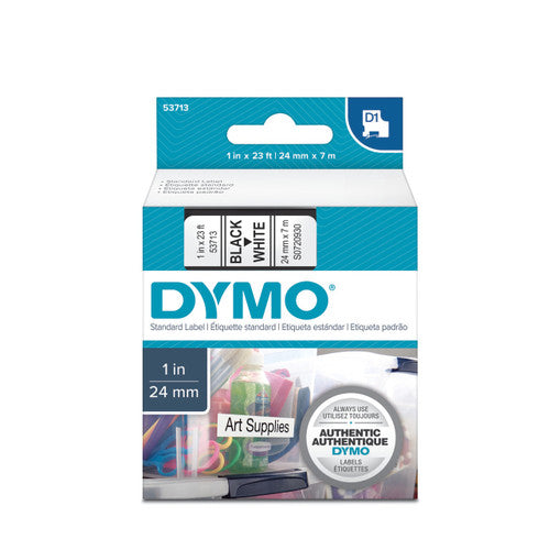 Dymo D1 label tape 24mm x 7m black on white maximum width bold labelling for shelving and warehouses