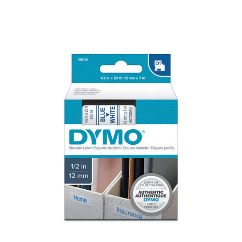 Dymo D1 label tape 12mm x 7m blue on white colour coded professional office labelling