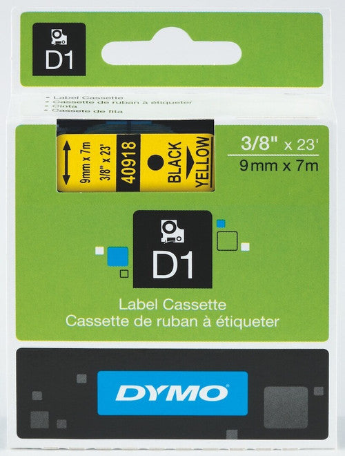 Dymo D1 Label Tape 9mm x 7m Black on Yellow