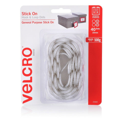 Velcro Brand Stick On Hook and Loop Dots 22mm White Pack of 40