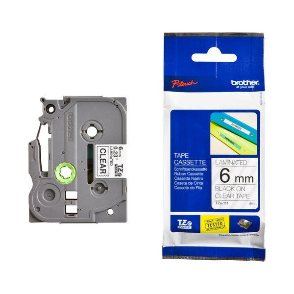 Brother TZe Tape 6mm Black on Clear TZE111