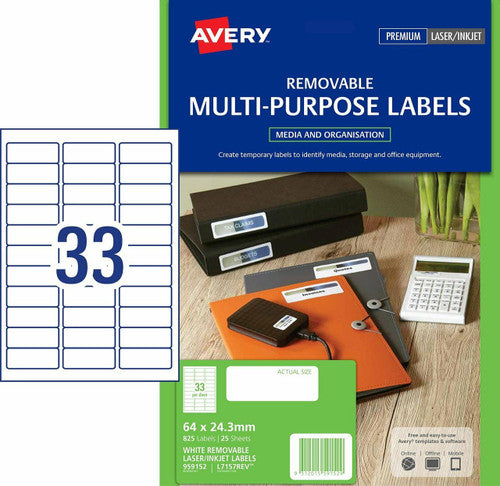 Avery Removable Multi-Purpose Labels 64 x 24.3mm Laser Inkjet Removable 825 Labels/25 Sheets