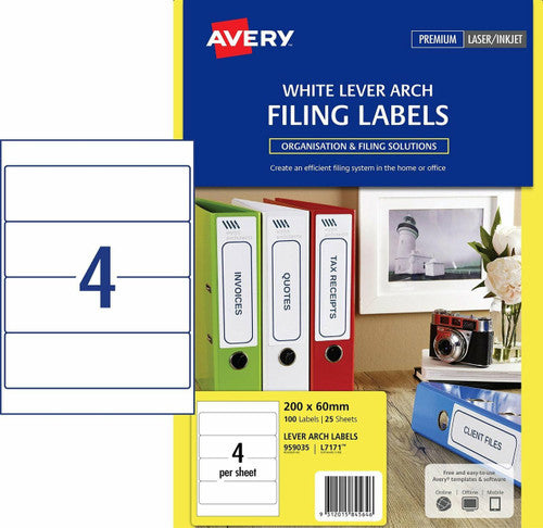 Avery White TrueBlock Lever Arch Labels L7171 100 Pack 200 x 60mm 4UP