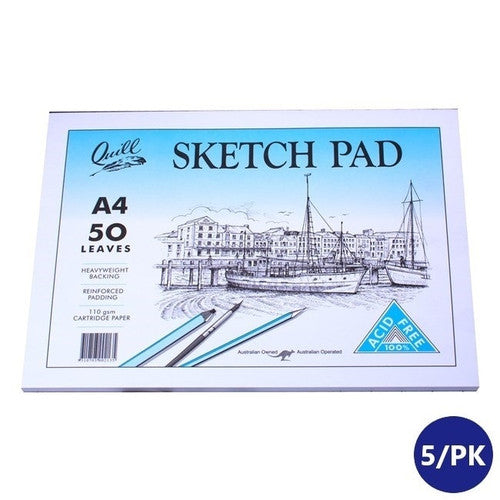 Quill Sketch Pad A4 with 50 leaves, the harbour drawing cover with blue sky panel and Acid Free corner flash, shown with a 5/PK badge