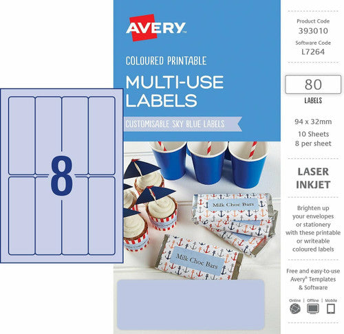 Avery Multi-Use Sky Blue Coloured Labels 94 x 32mm Laser Inkjet Permanent 80 Labels 10 Sheets