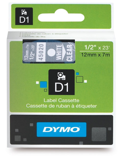 Dymo D1 Label Tape 12mm x 7m White on Clear