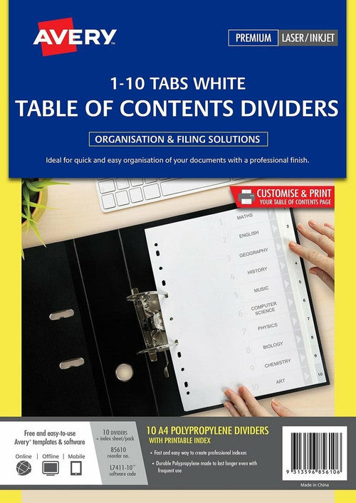 Avery Divider 1-10 Index Tabs A4 White