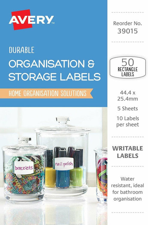 Avery White with Blue Details Rectangle Removable Durable Labels 50 Pack 44.4 x 25.4mm