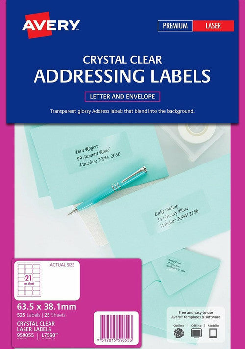 Avery Crystal Clear Address Labels L7560 525 Pack 63.5 x 38.1mm 21UP