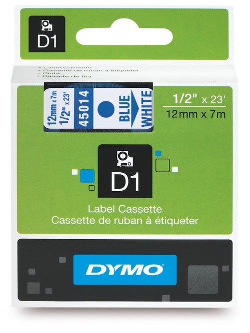 Dymo D1 Label Tape 12mm x 7m Blue on White