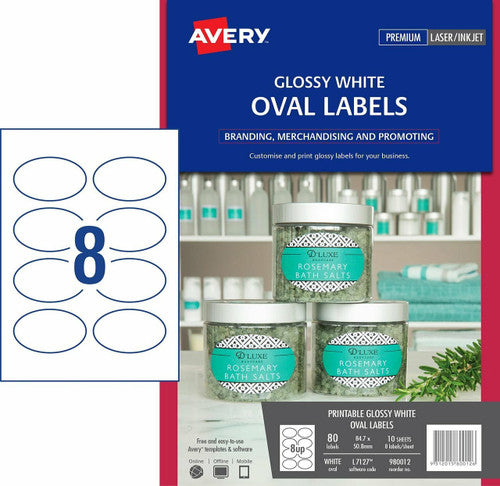 Avery Glossy White Oval Product Labels L7127 80 Pack 84.7 x 50.8mm 8UP