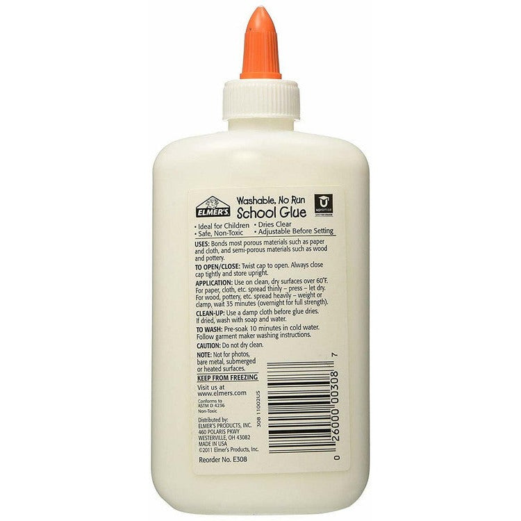 Back label of Elmer's School Glue listing uses for paper, cloth, wood and pottery, set time, clean-up steps and reorder number E308