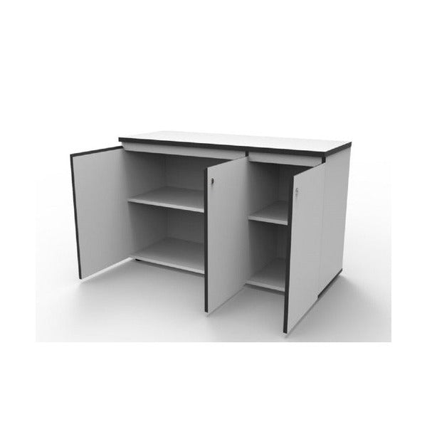 Rapidline Deluxe Infinity 3 door swing cupboard in natural white with black edging, angled view with the doors open showing the shelves inside