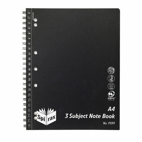 Spirax Polypropylene 3 Subject Notebook A4 Side Opening 300 Pages Black